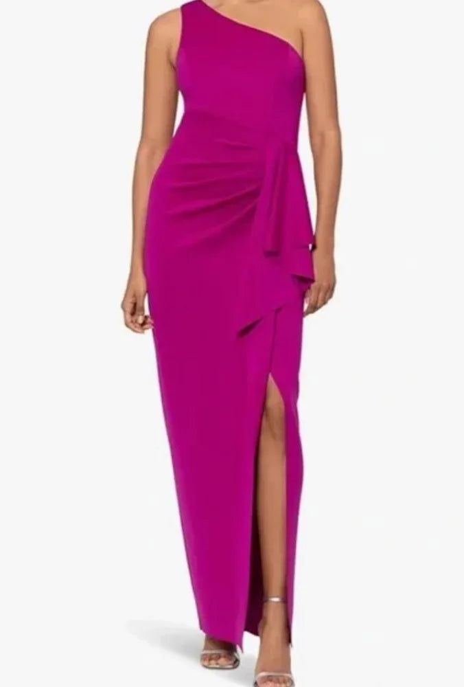 Xscape Long Scuba One-Shoulder Ruffle Gown — Orchid
