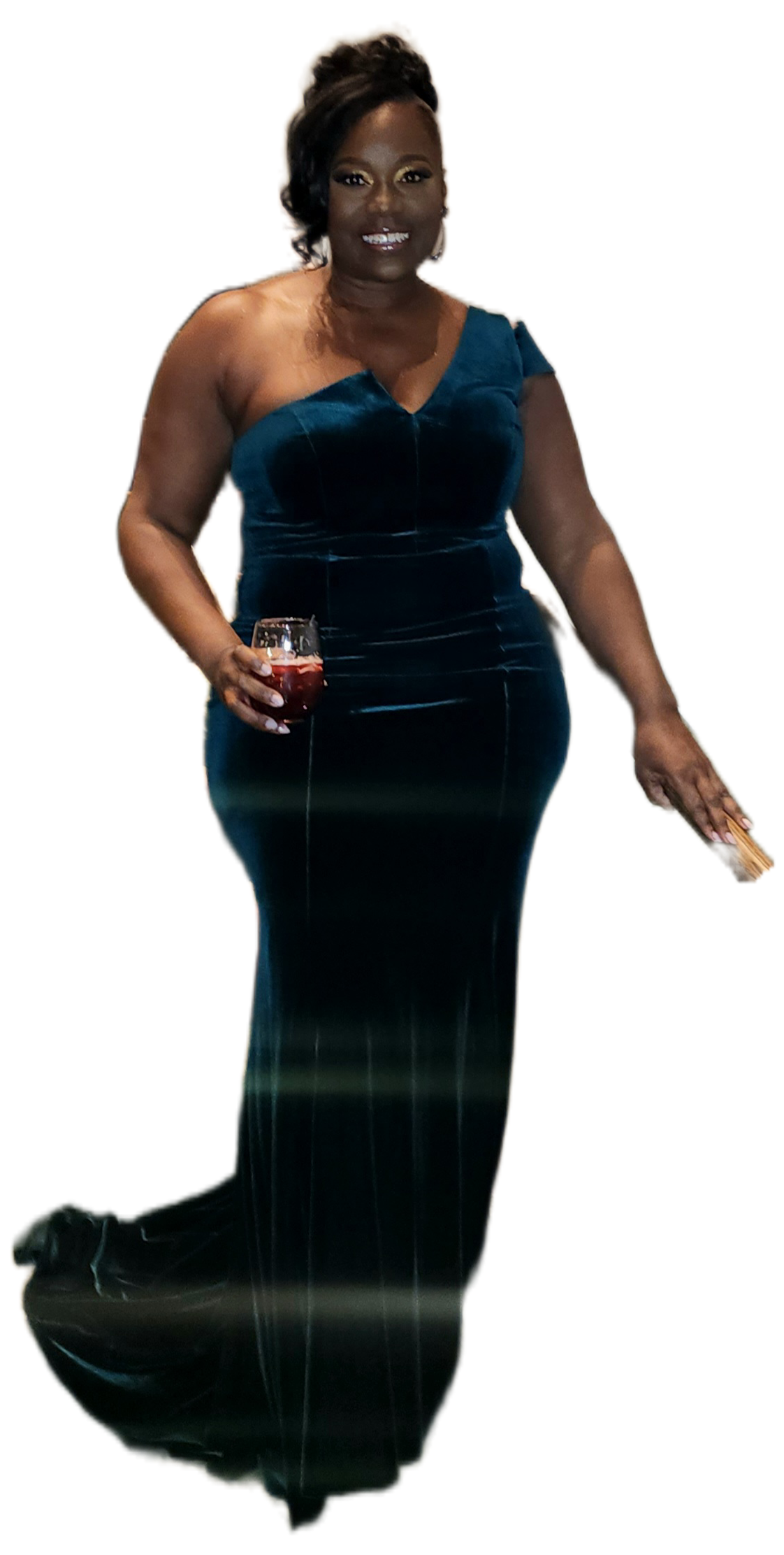 Betsy & Adam Long Velvet One-Shoulder Mermaid Gown - Green