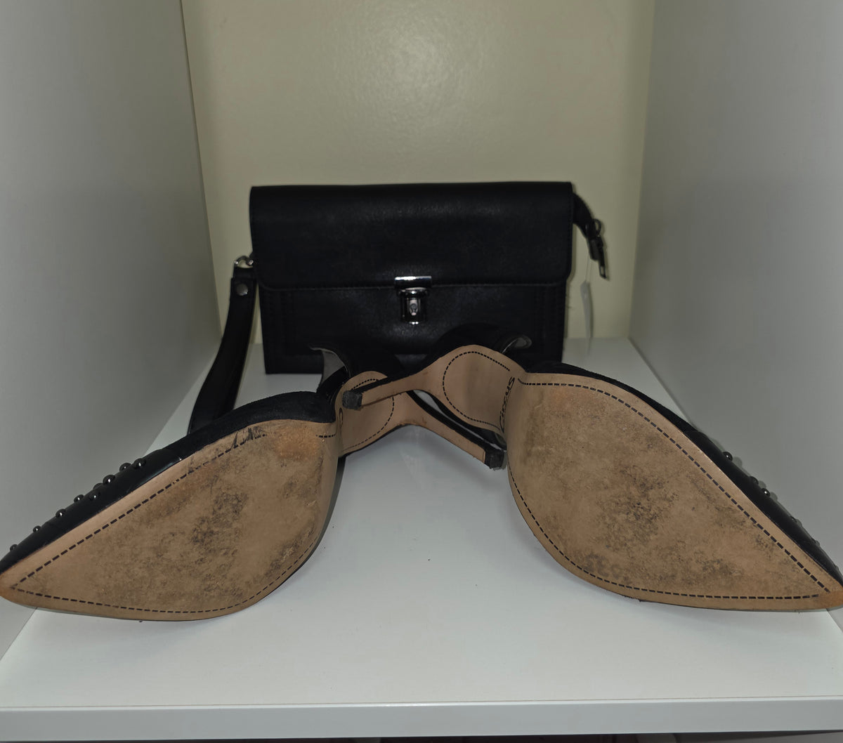 Perfect Pair Bundle – Black Studded Pointed-Toe Pumps & Leather Wristlet Clutch – Size 8.5