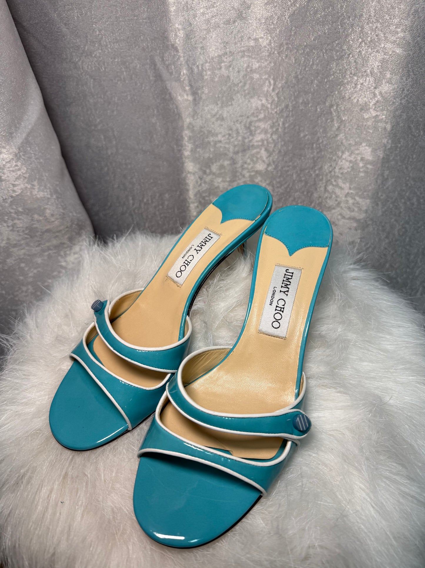Jimmy Choo Turquoise Patent Leather Kitten-Heel Mule – Size 39.5