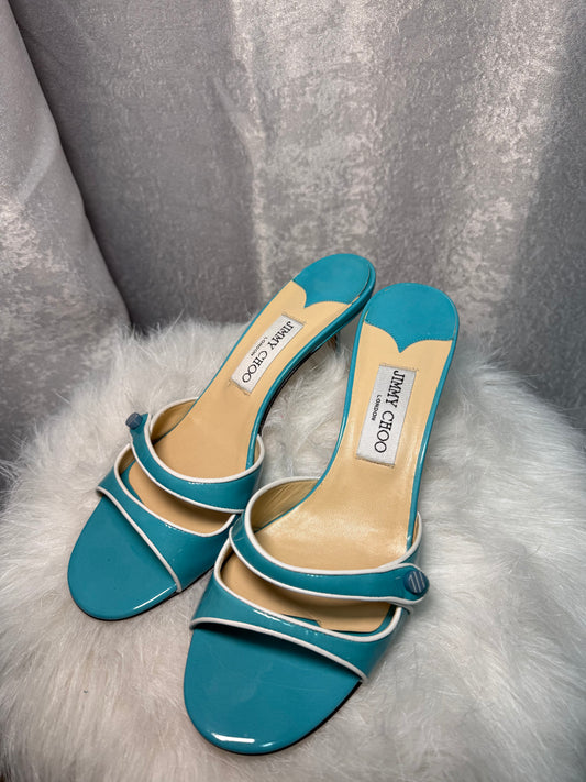 Jimmy Choo Turquoise Patent Leather Kitten-Heel Mule – Size 39.5