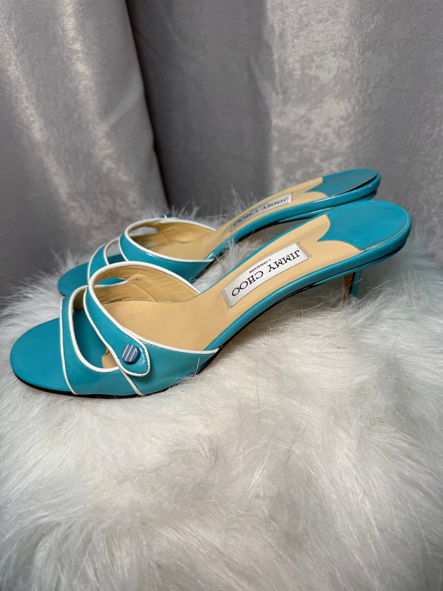 Jimmy Choo Turquoise Patent Leather Kitten-Heel Mule – Size 39.5