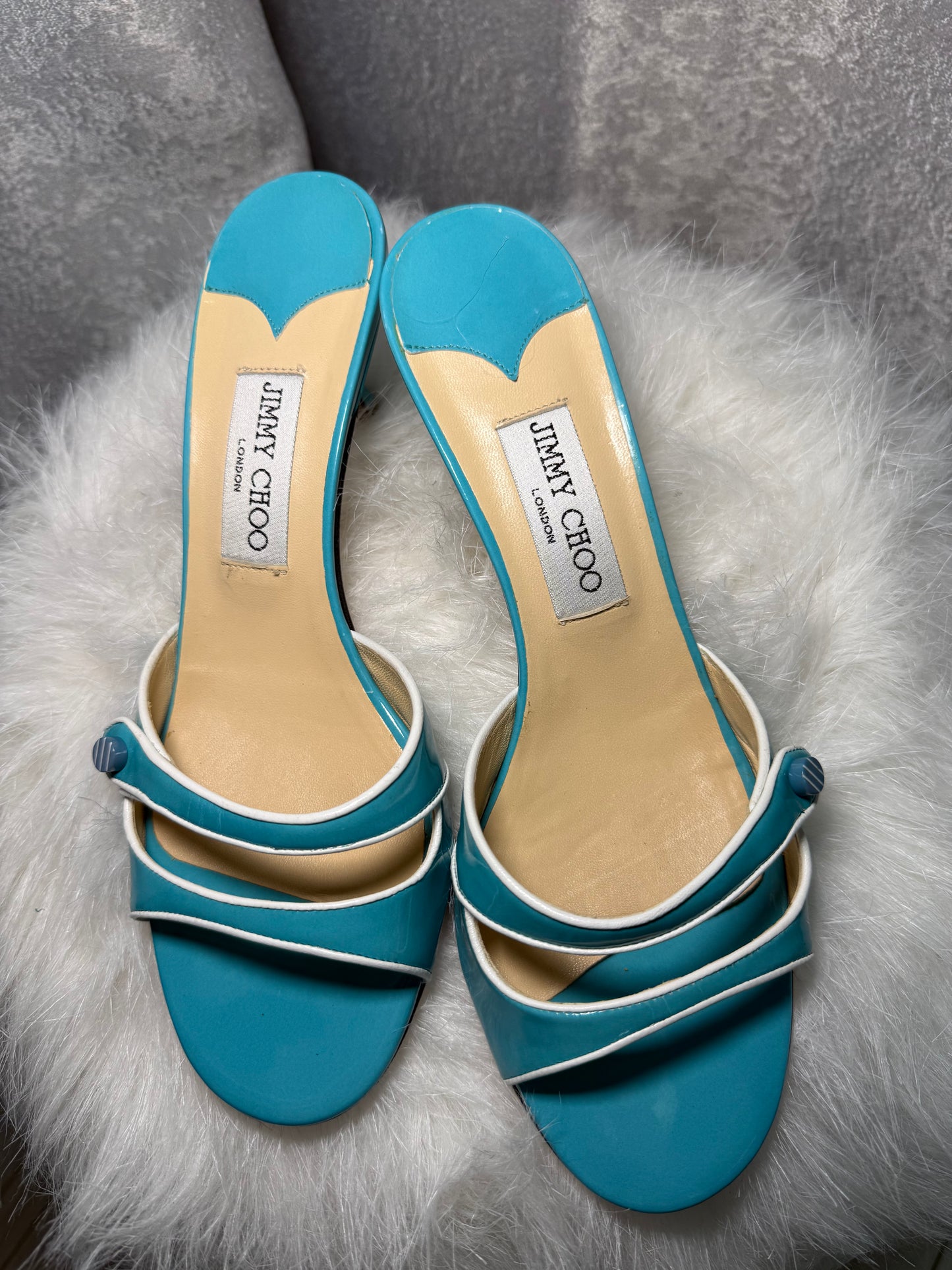 Jimmy Choo Turquoise Patent Leather Kitten-Heel Mule – Size 39.5