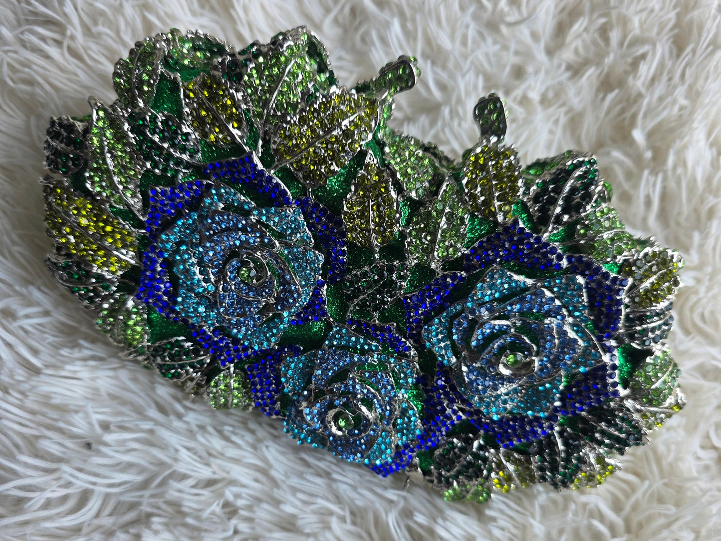 Blue & Green Floral Rhinestone Evening Clutch