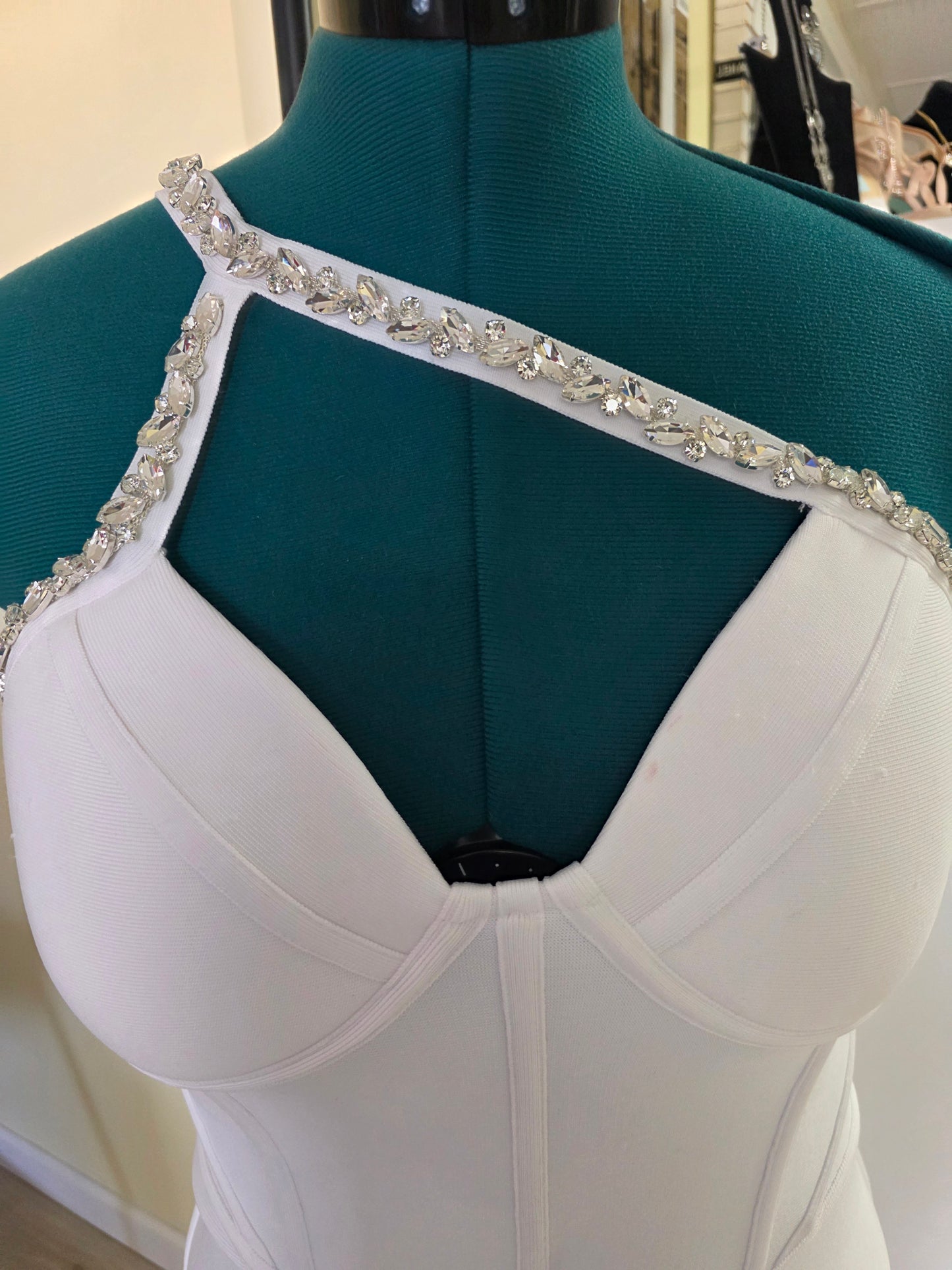 Bebe Corset Bandage Dress w/ Embellished Crystal – White