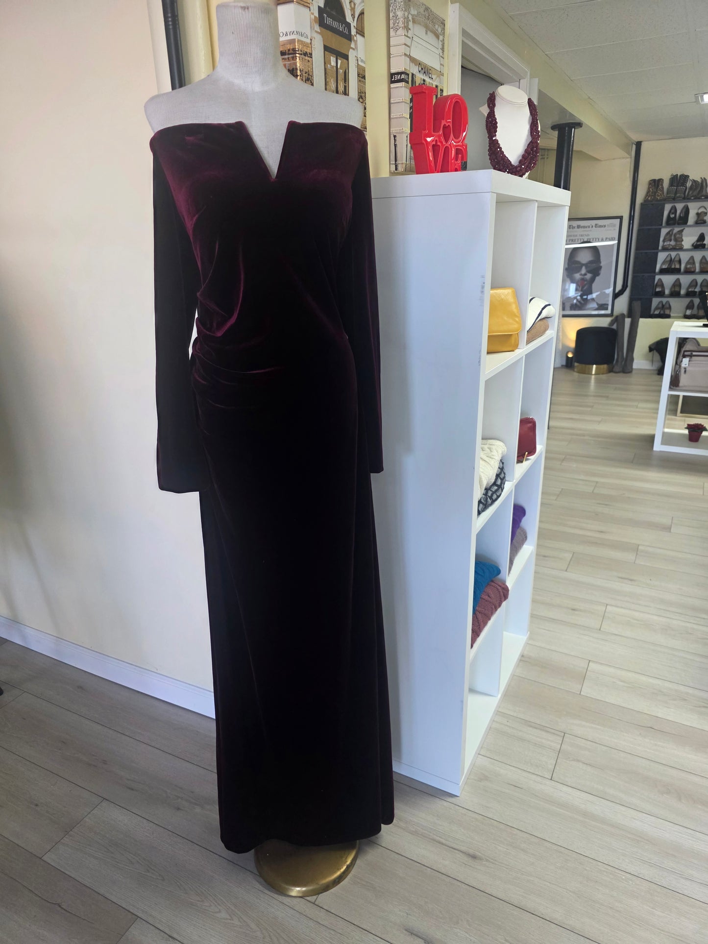 Xscape Evenings Off-the-Shoulder Long Sleeve Velvet Gown - Burgandy