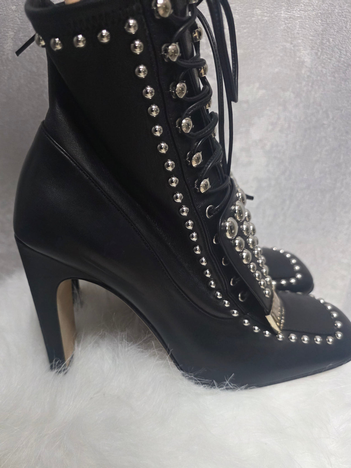 Black Leather Studded Lace-Up Ankle Boots – New - Size 38.5