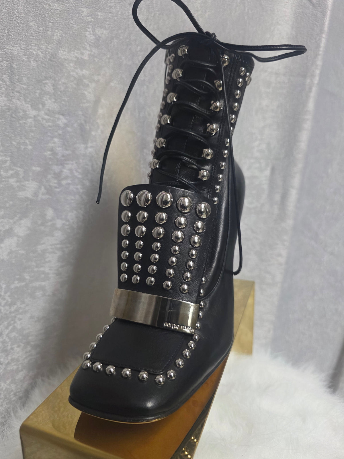 Black Leather Studded Lace-Up Ankle Boots – New - Size 38.5