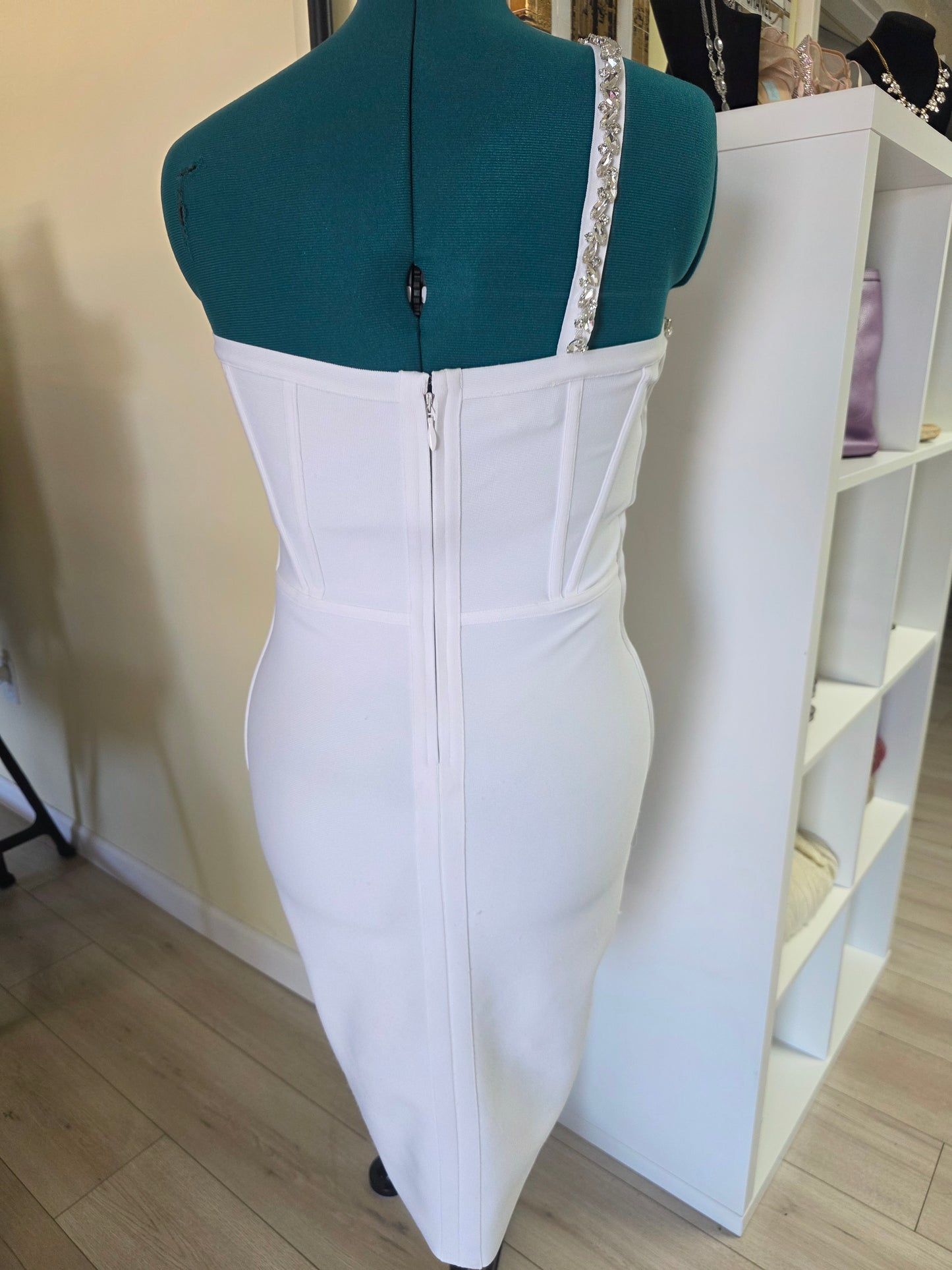 Bebe Corset Bandage Dress w/ Embellished Crystal – White