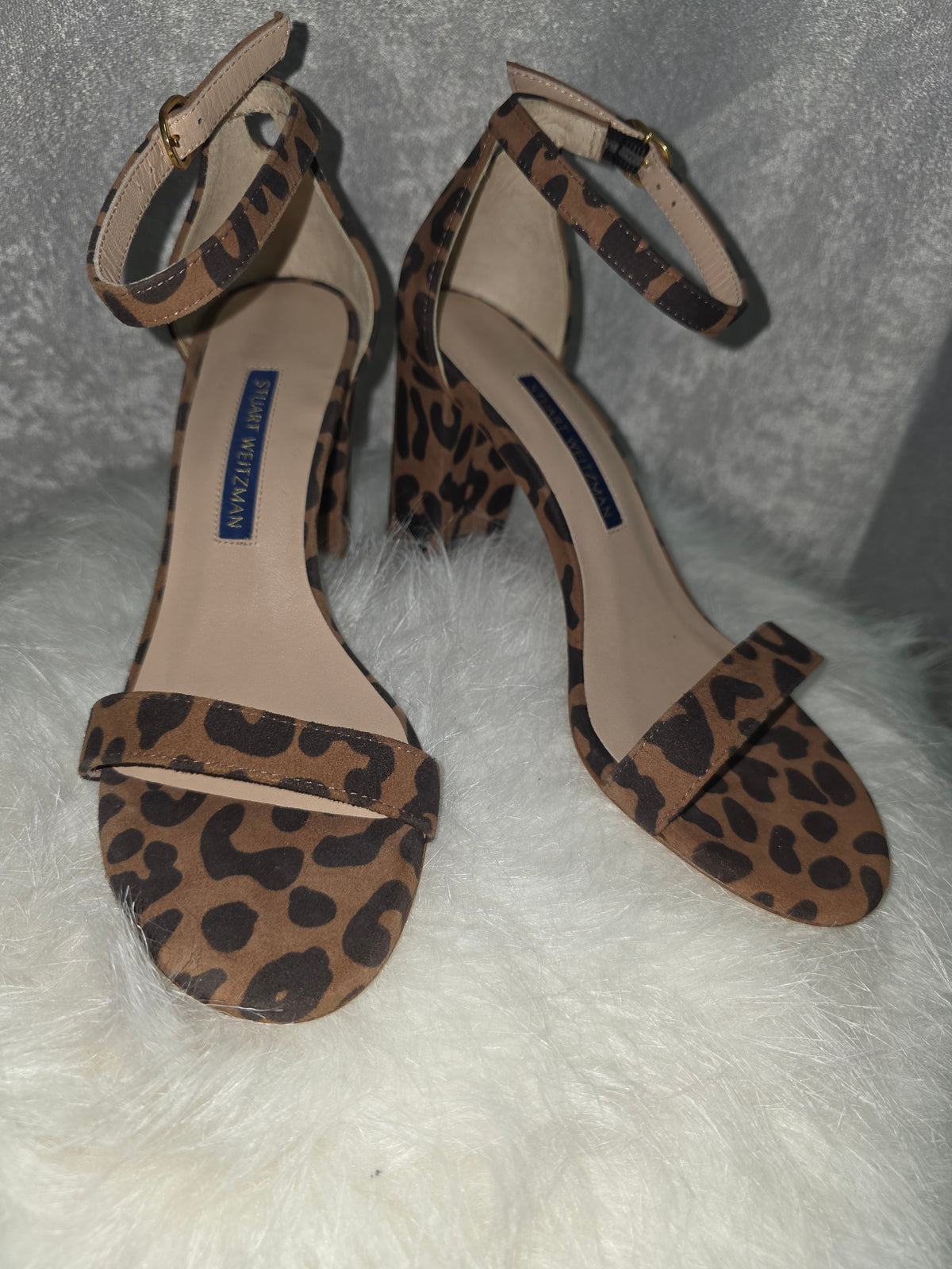 Leopard-Print Suede Block-Heel Sandals – New - Size 5