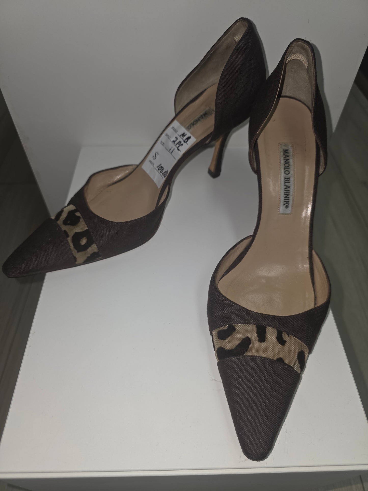 Manolo Blahnik Brown Suede D’Orsay Pumps w/ Leopard Mesh — Size 42 / 11