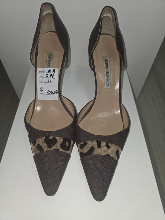 Manolo Blahnik Brown Suede D’Orsay Pumps w/ Leopard Mesh — Size 42 / 11
