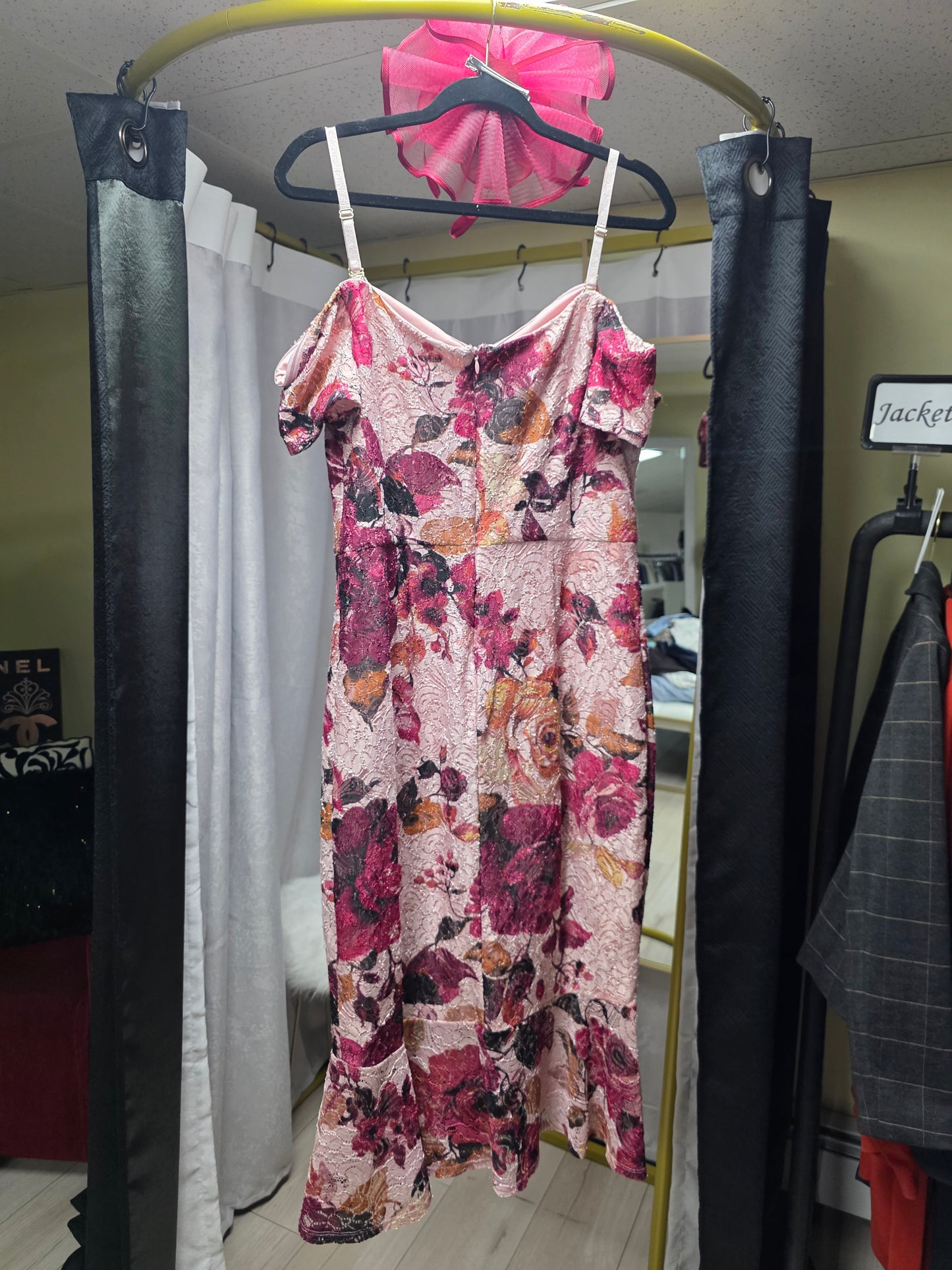 Seina Floral Lace Off-the-Shoulder Dress — Burgundy Multi (Size 14)