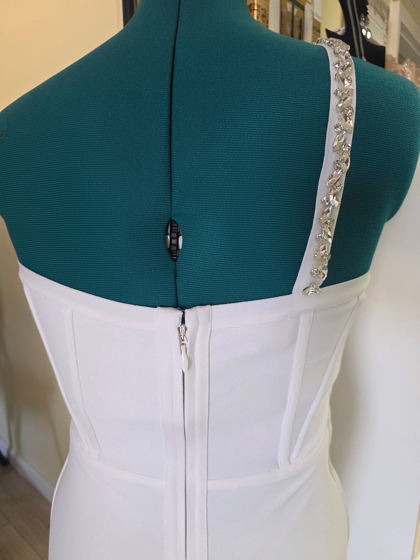 Bebe Corset Bandage Dress w/ Embellished Crystal – White