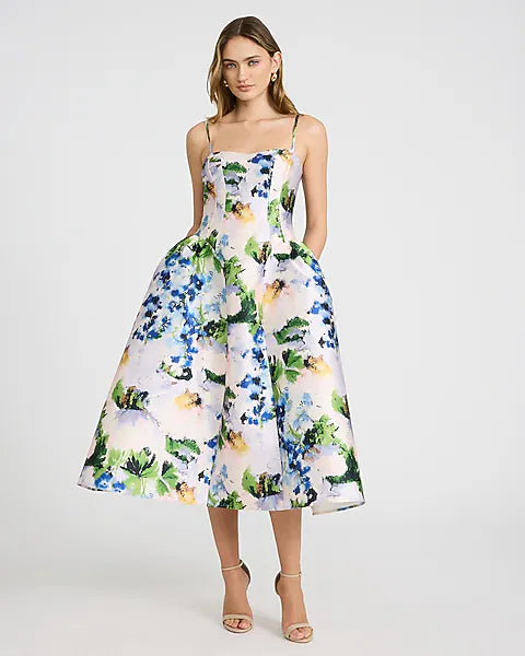 Express Floral Satin Sweetheart Fit & Flare Midi Dress — Multi Color