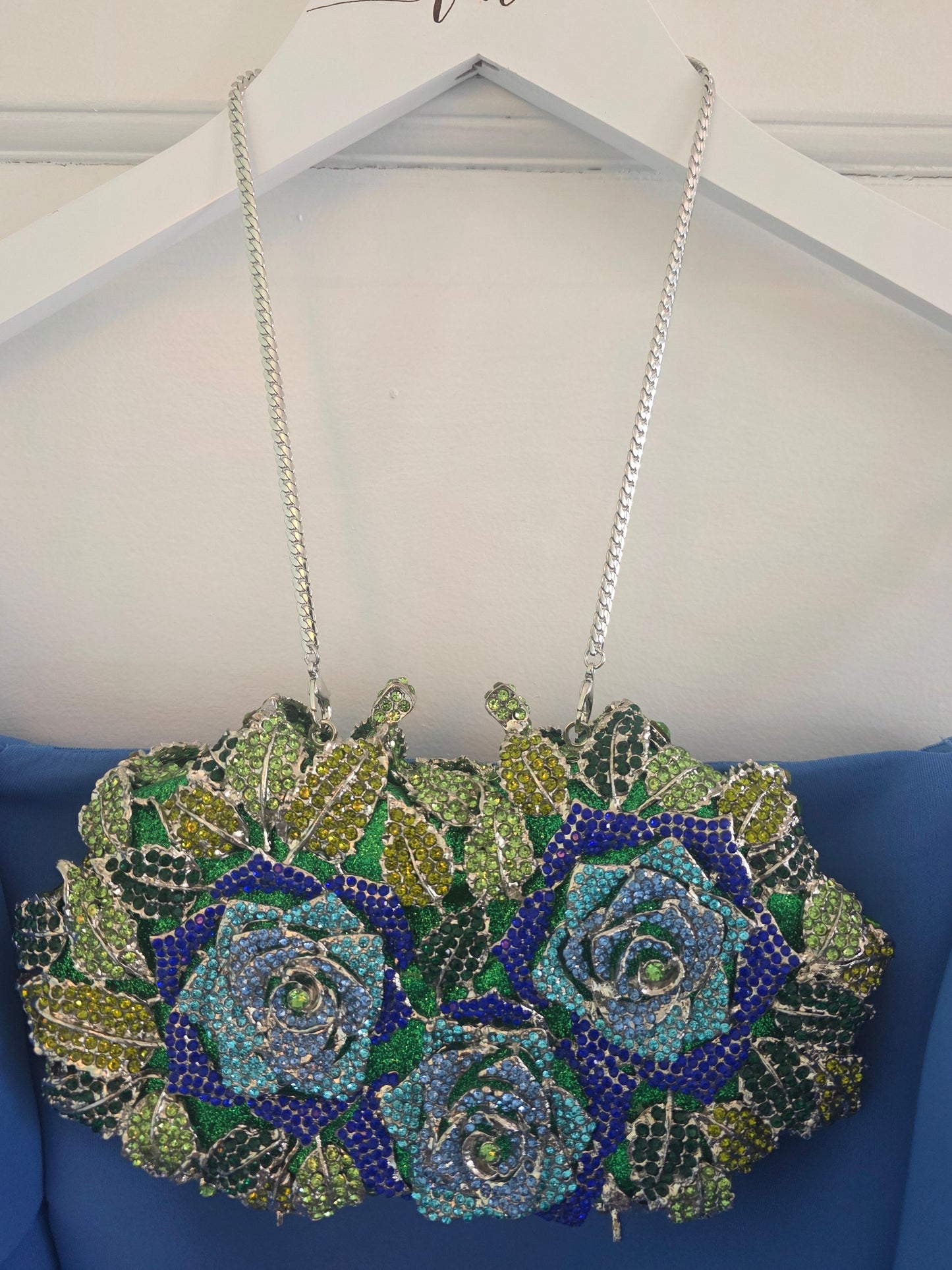 Blue & Green Floral Rhinestone Evening Clutch