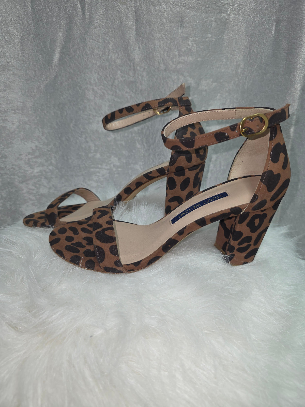Leopard-Print Suede Block-Heel Sandals – New - Size 5