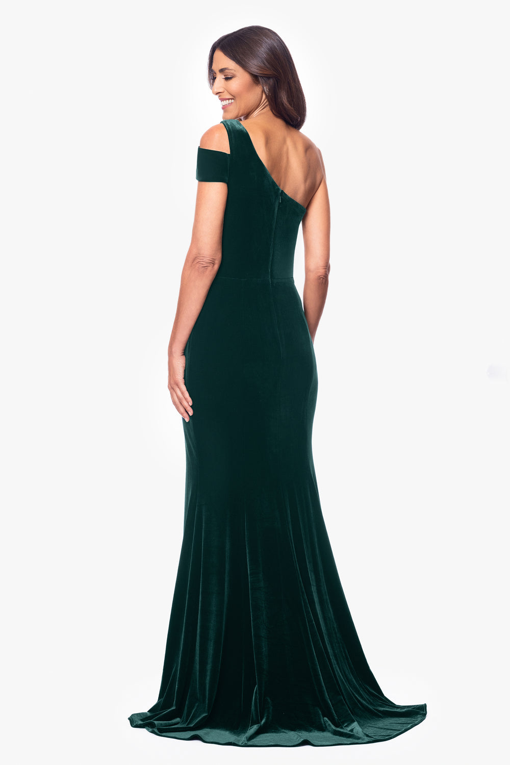 Betsy & Adam Long Velvet One-Shoulder Mermaid Gown - Green