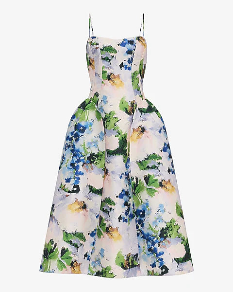 Express Floral Satin Sweetheart Fit & Flare Midi Dress — Multi Color