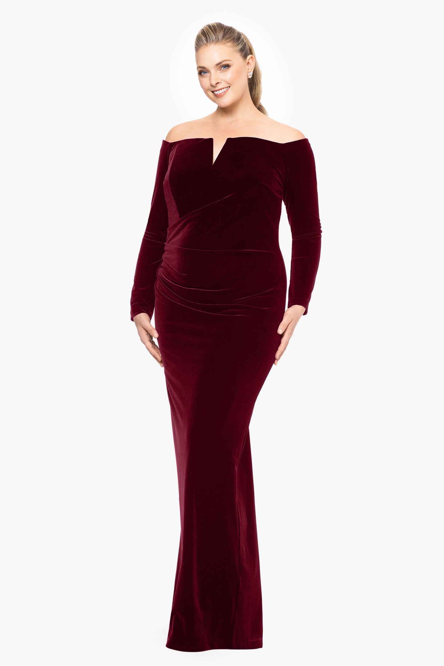 Xscape Evenings Off-the-Shoulder Long Sleeve Velvet Gown - Burgandy