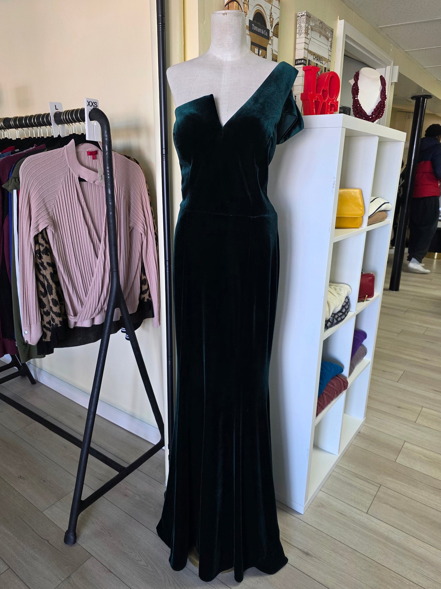 Betsy & Adam Long Velvet One-Shoulder Mermaid Gown - Green