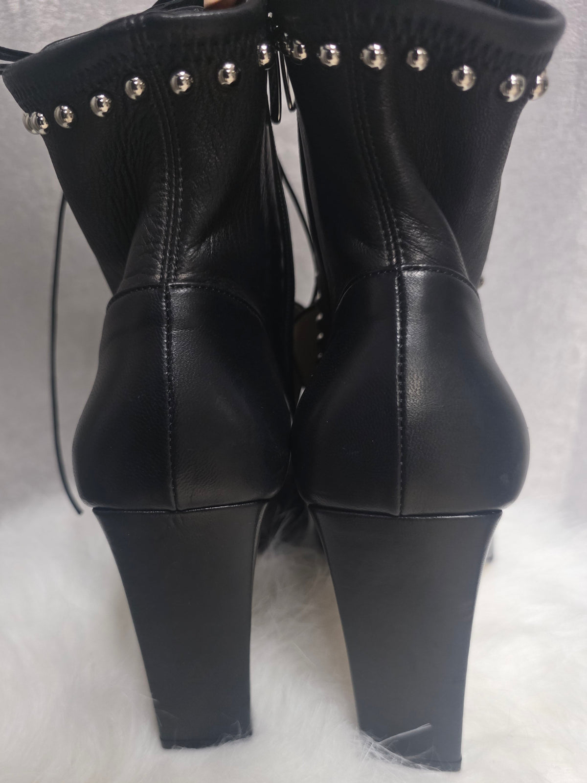 Black Leather Studded Lace-Up Ankle Boots – New - Size 38.5