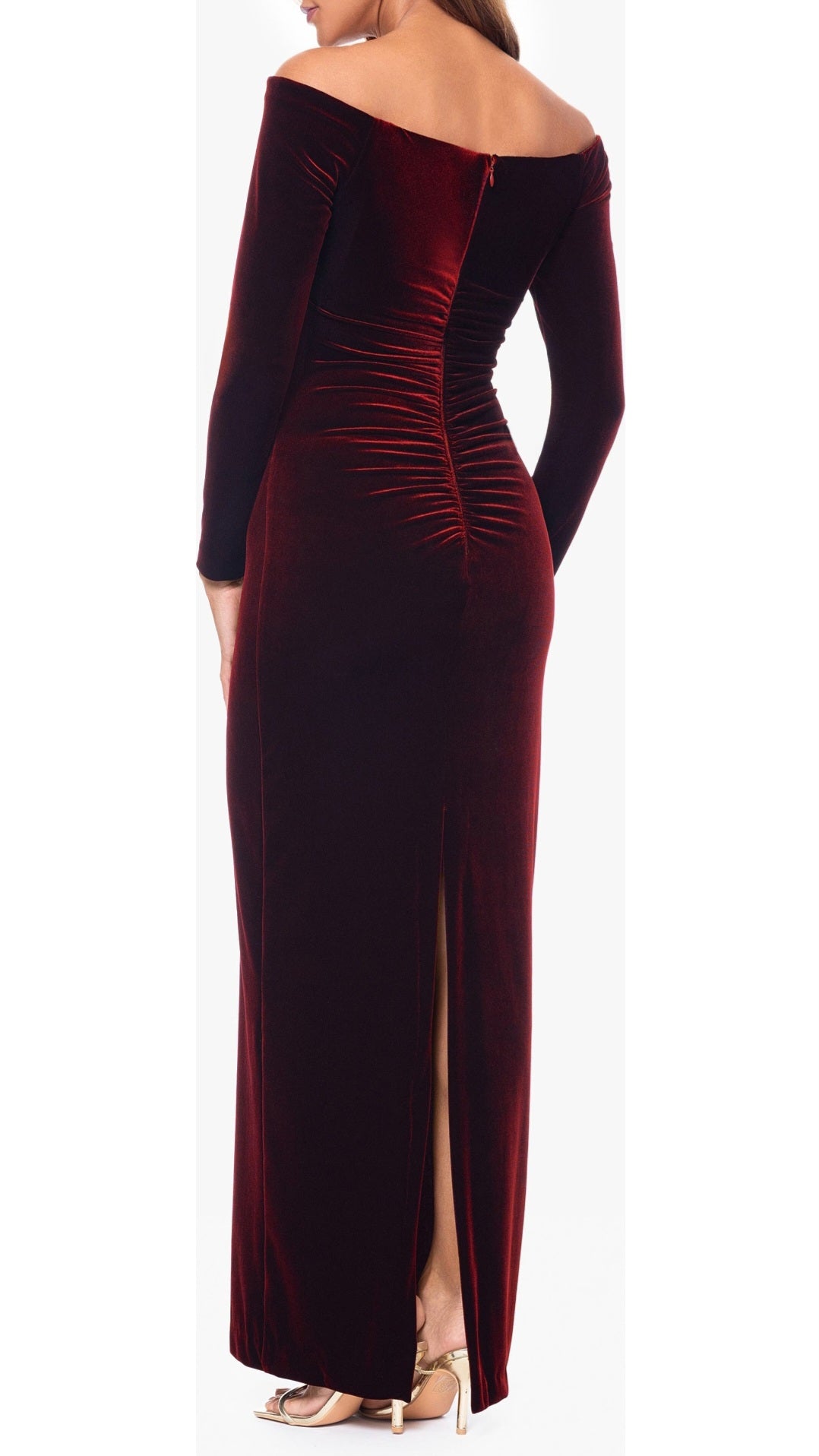 Xscape Evenings Off-the-Shoulder Long Sleeve Velvet Gown - Burgandy