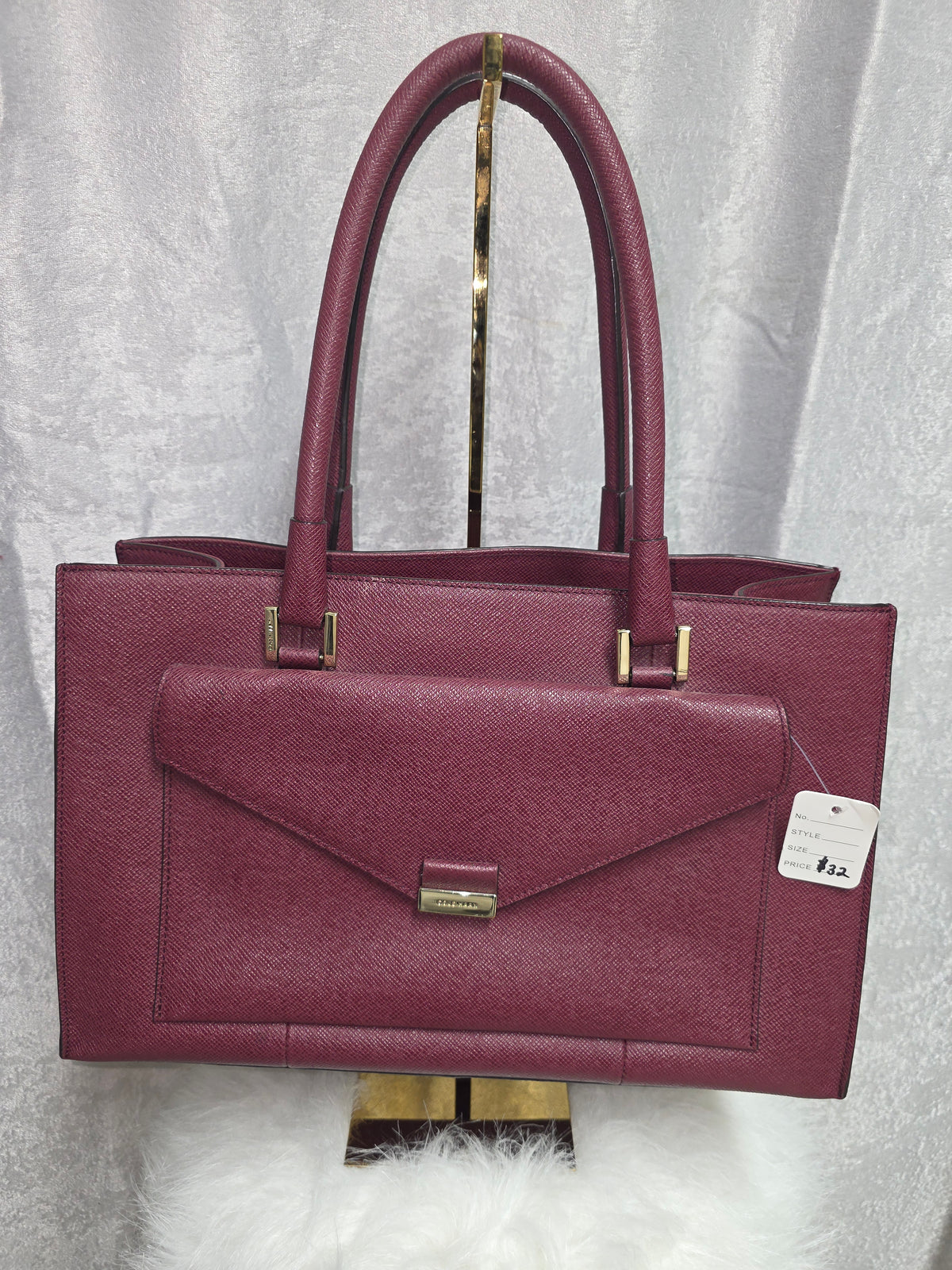 Burgundy Textured Leather Tote Bag
