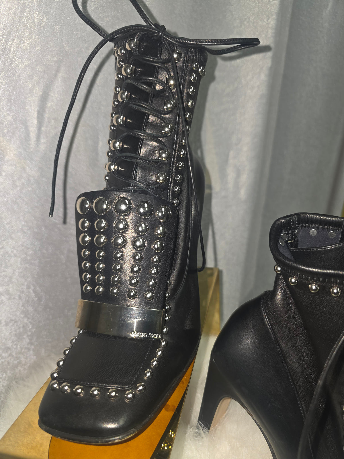 Black Leather Studded Lace-Up Ankle Boots – New - Size 38.5