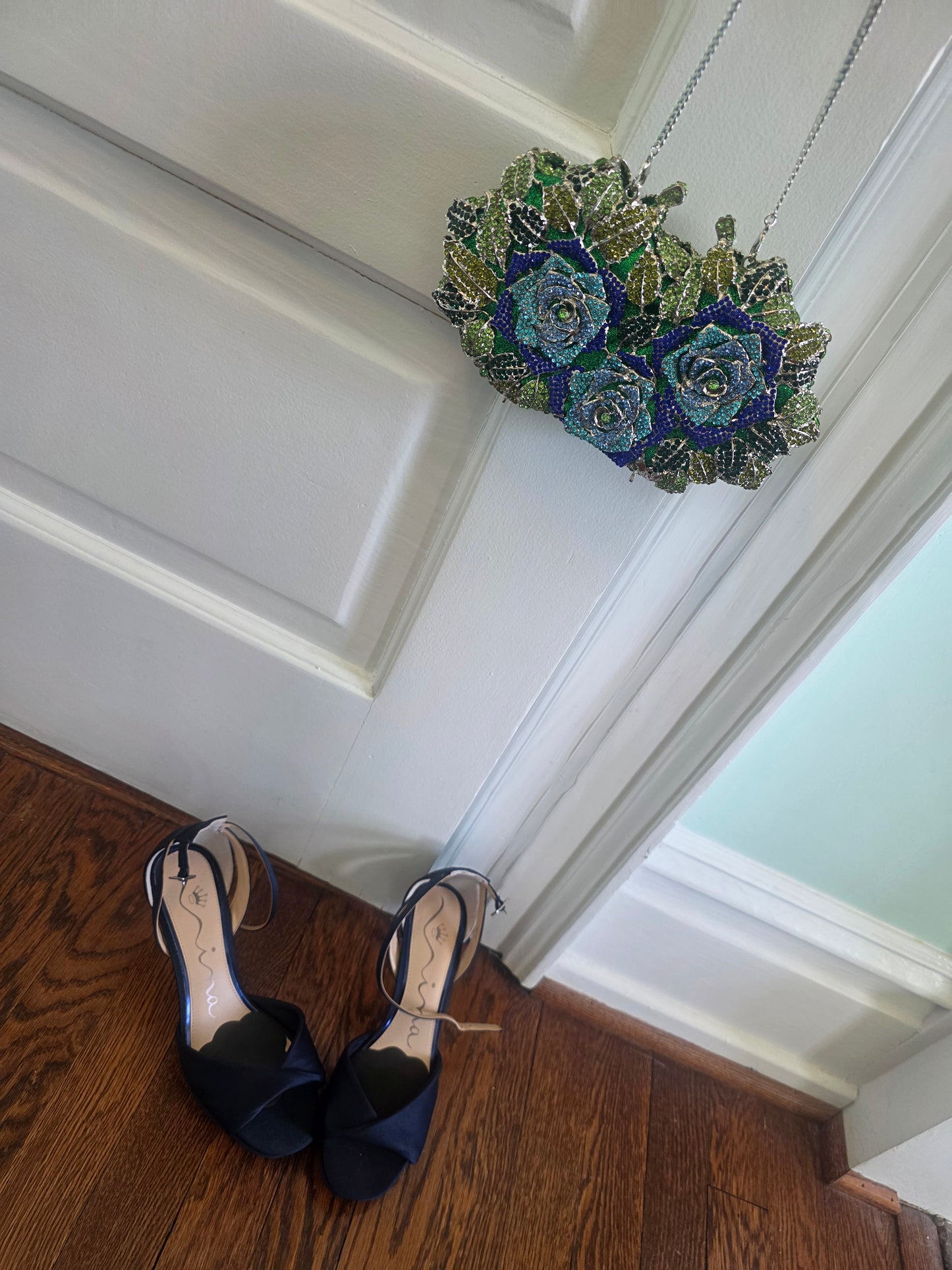 Blue & Green Floral Rhinestone Evening Clutch