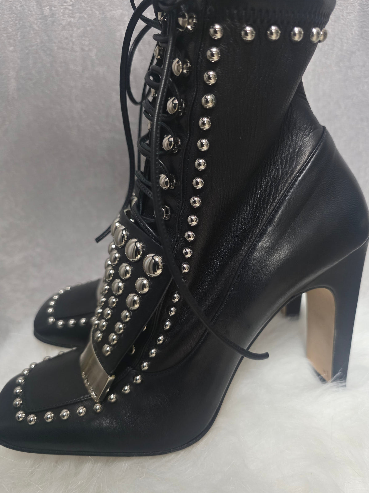 Black Leather Studded Lace-Up Ankle Boots – New - Size 38.5