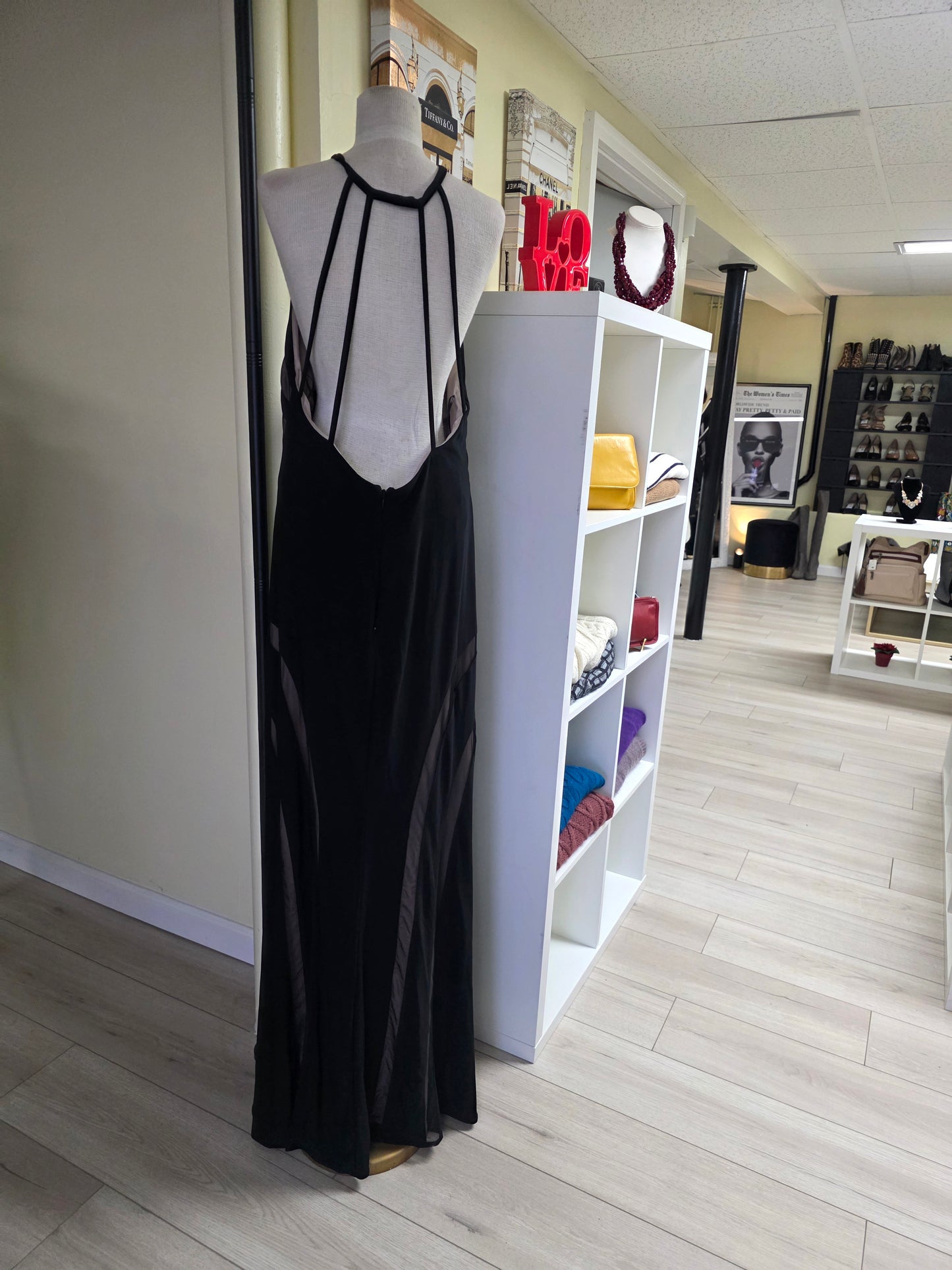 Nightway Strappy Back Illusion Maxi Gown — Black