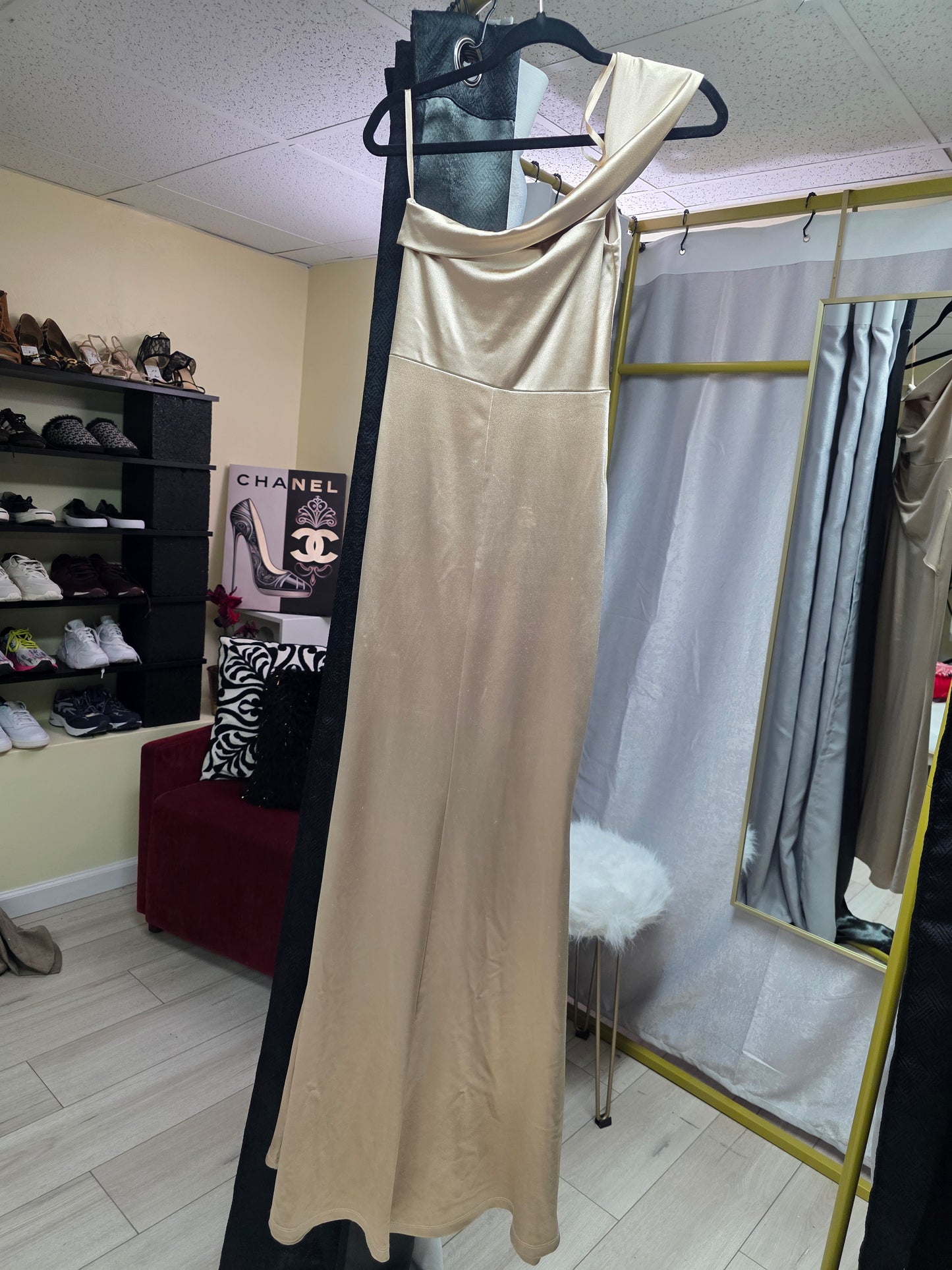 Windsor One Shoulder Satin Gown - Champagne