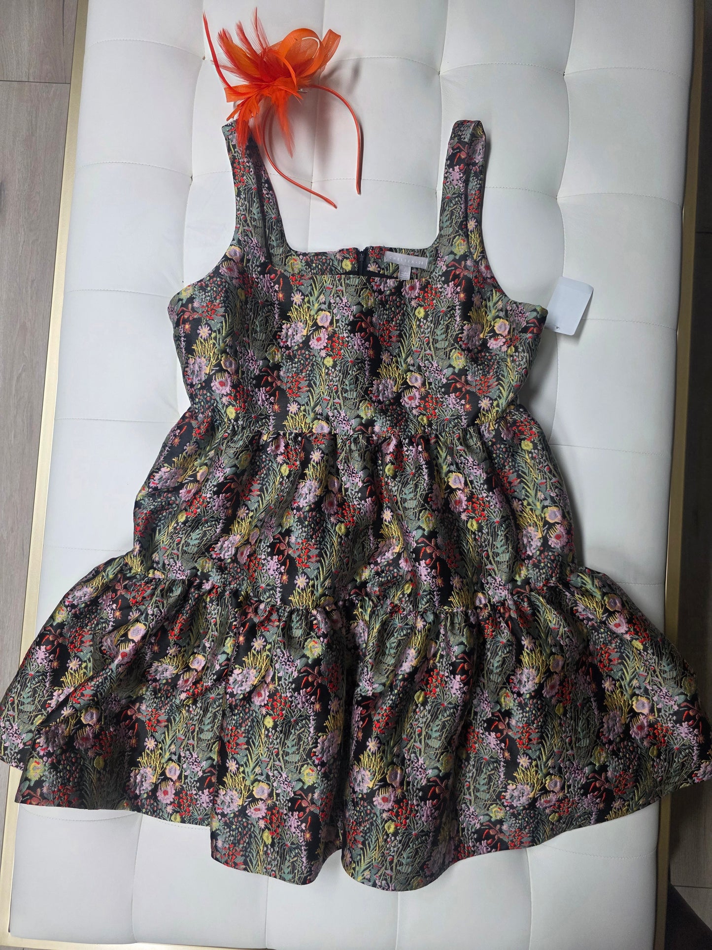Chelsea28 Floral Jacquard Fit & Flare Dress with Orange Fascinator – NWT