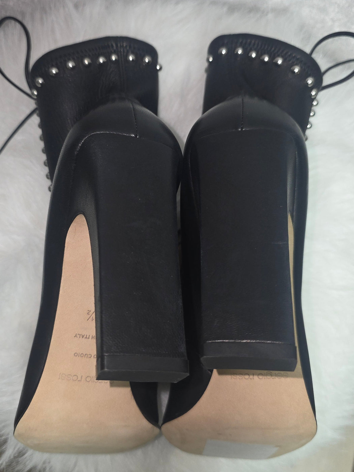 Black Leather Studded Lace-Up Ankle Boots – New - Size 38.5