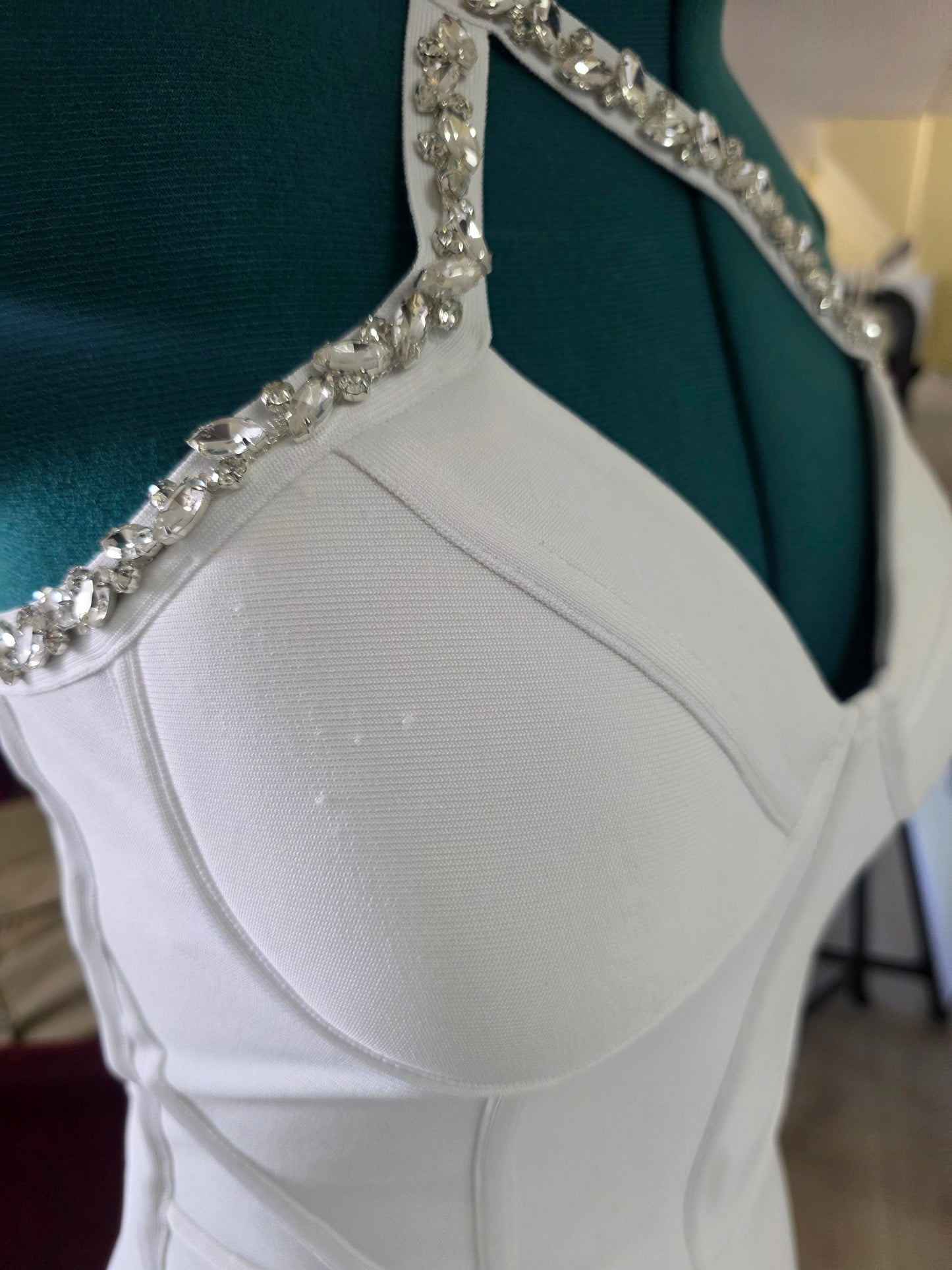 Bebe Corset Bandage Dress w/ Embellished Crystal – White