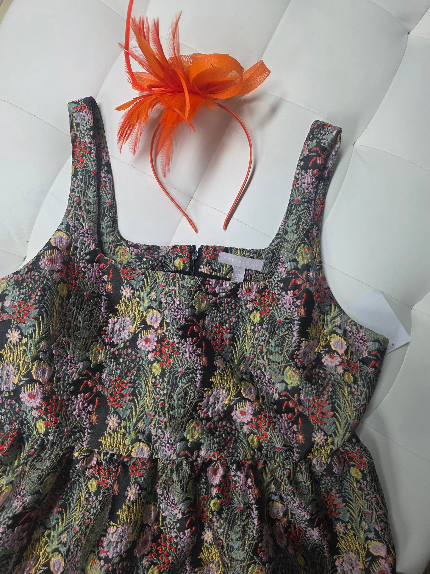 Chelsea28 Floral Jacquard Fit & Flare Dress with Orange Fascinator – NWT