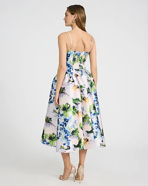 Express Floral Satin Sweetheart Fit & Flare Midi Dress — Multi Color