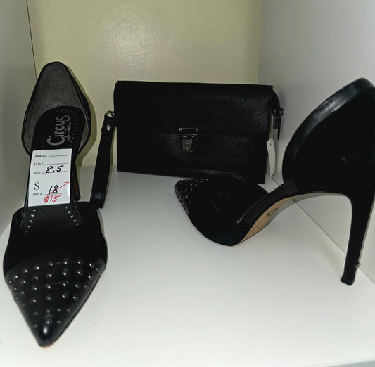 Perfect Pair Bundle – Black Studded Pointed-Toe Pumps & Leather Wristlet Clutch – Size 8.5