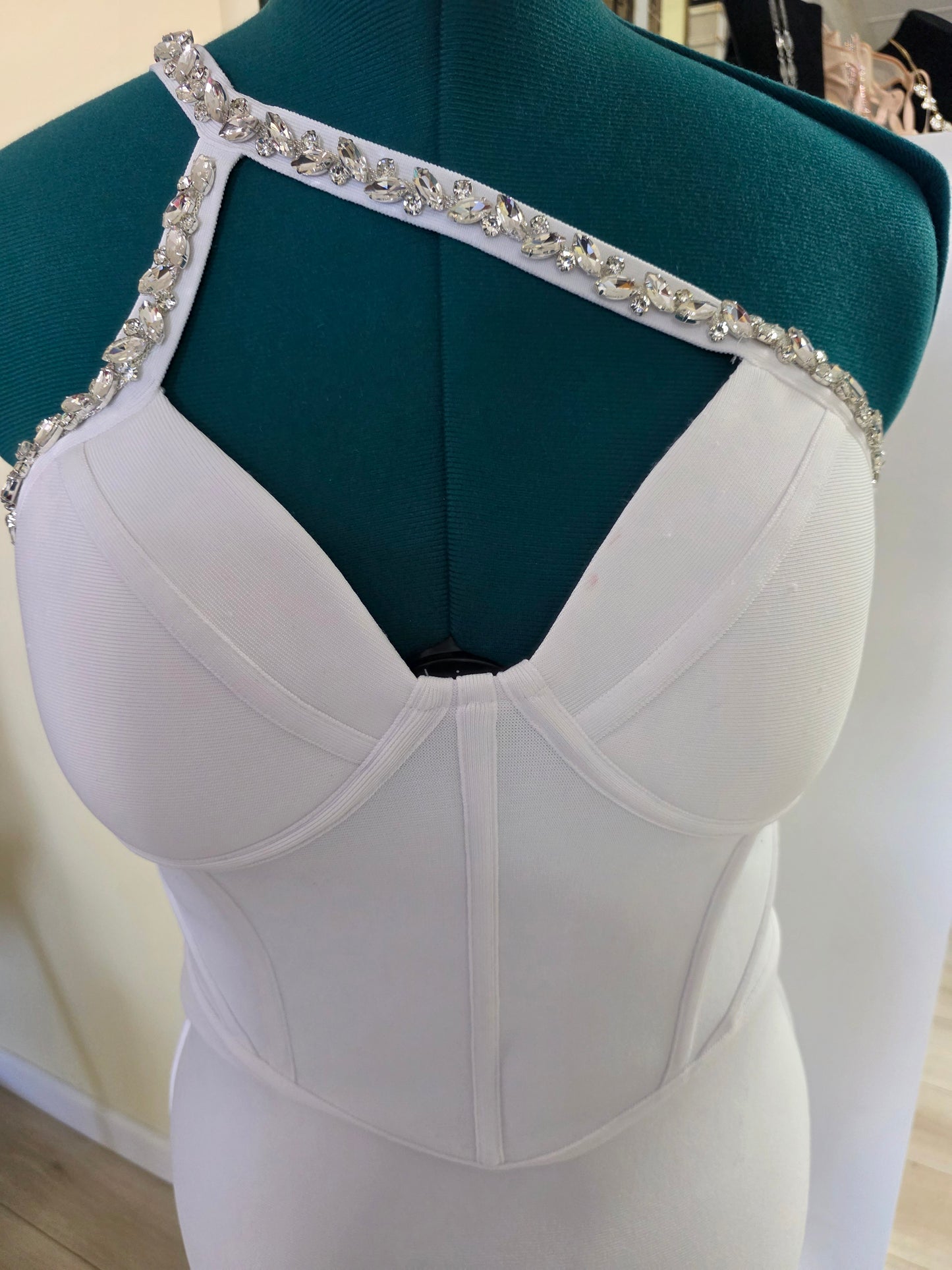 Bebe Corset Bandage Dress w/ Embellished Crystal – White
