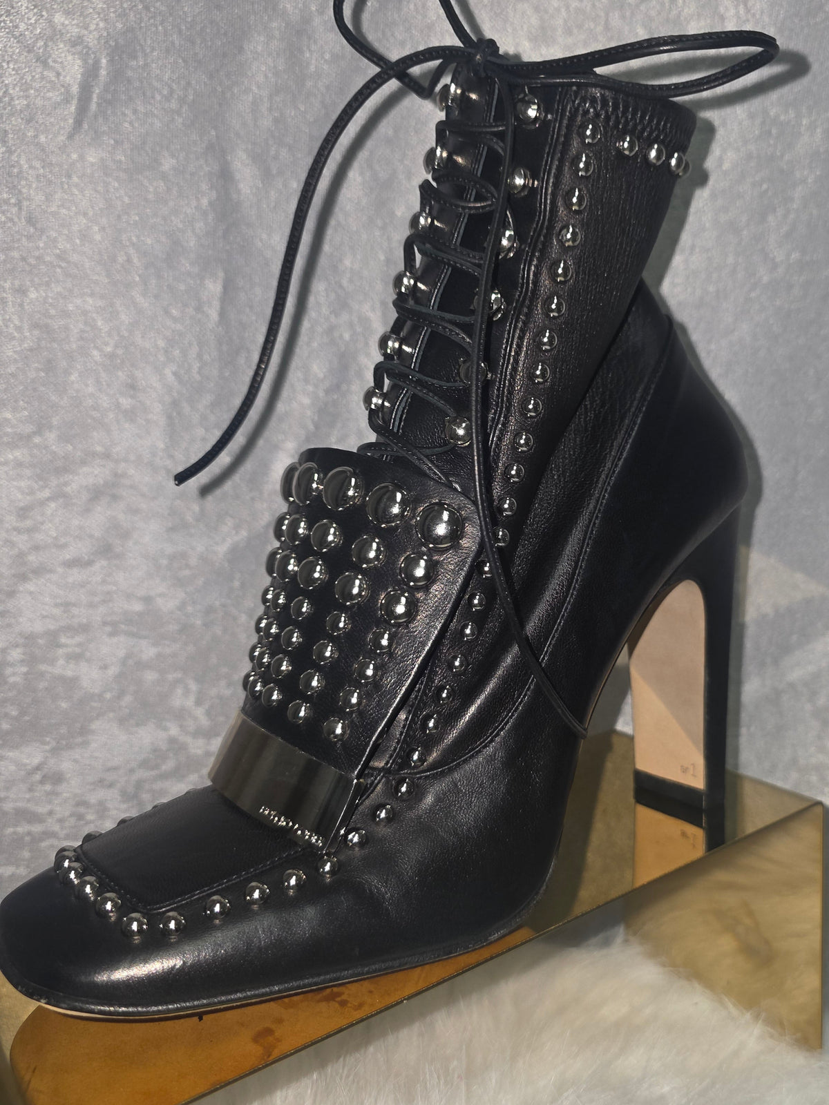 Black Leather Studded Lace-Up Ankle Boots – New - Size 38.5