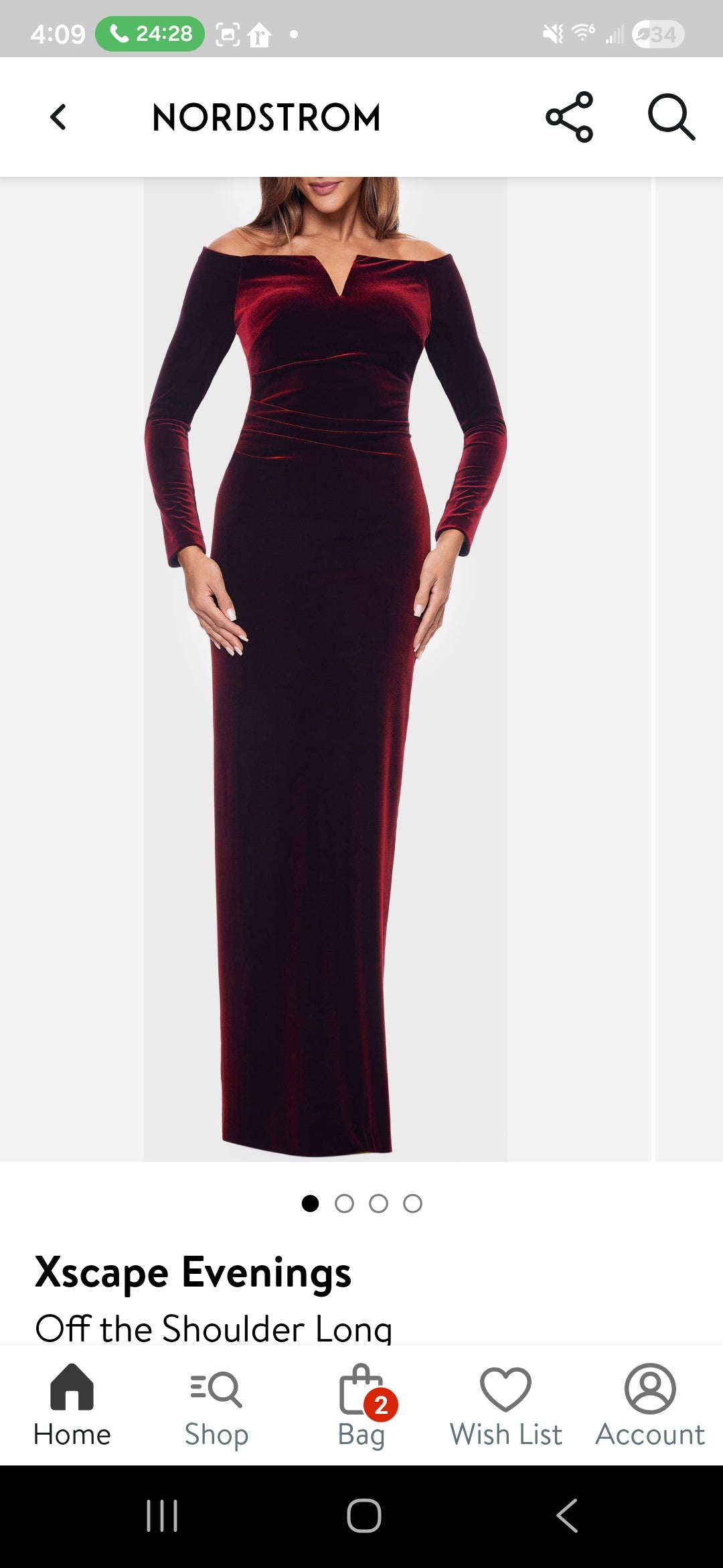 Xscape Evenings Off-the-Shoulder Long Sleeve Velvet Gown - Burgandy