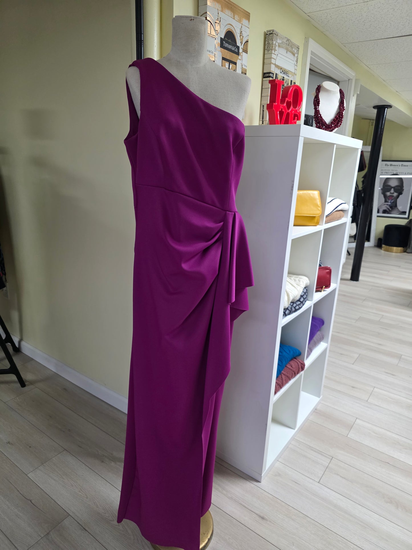 Xscape Long Scuba One-Shoulder Ruffle Gown — Orchid