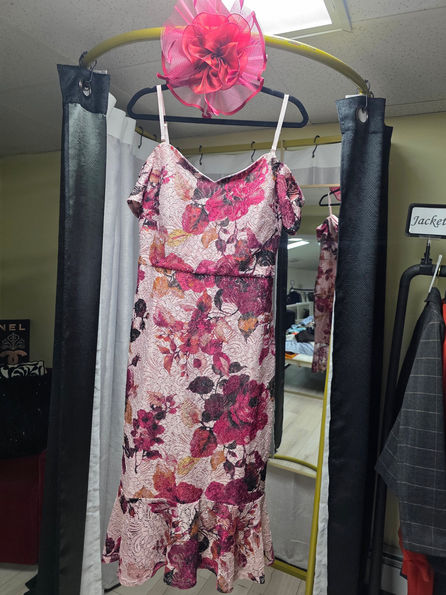 Seina Floral Lace Off-the-Shoulder Dress — Burgundy Multi (Size 14)
