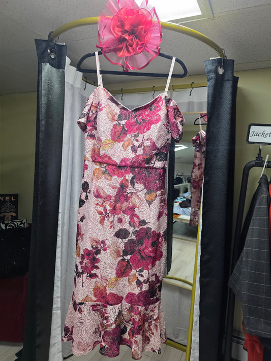 Seina Floral Lace Off-the-Shoulder Dress — Burgundy Multi (Size 14)