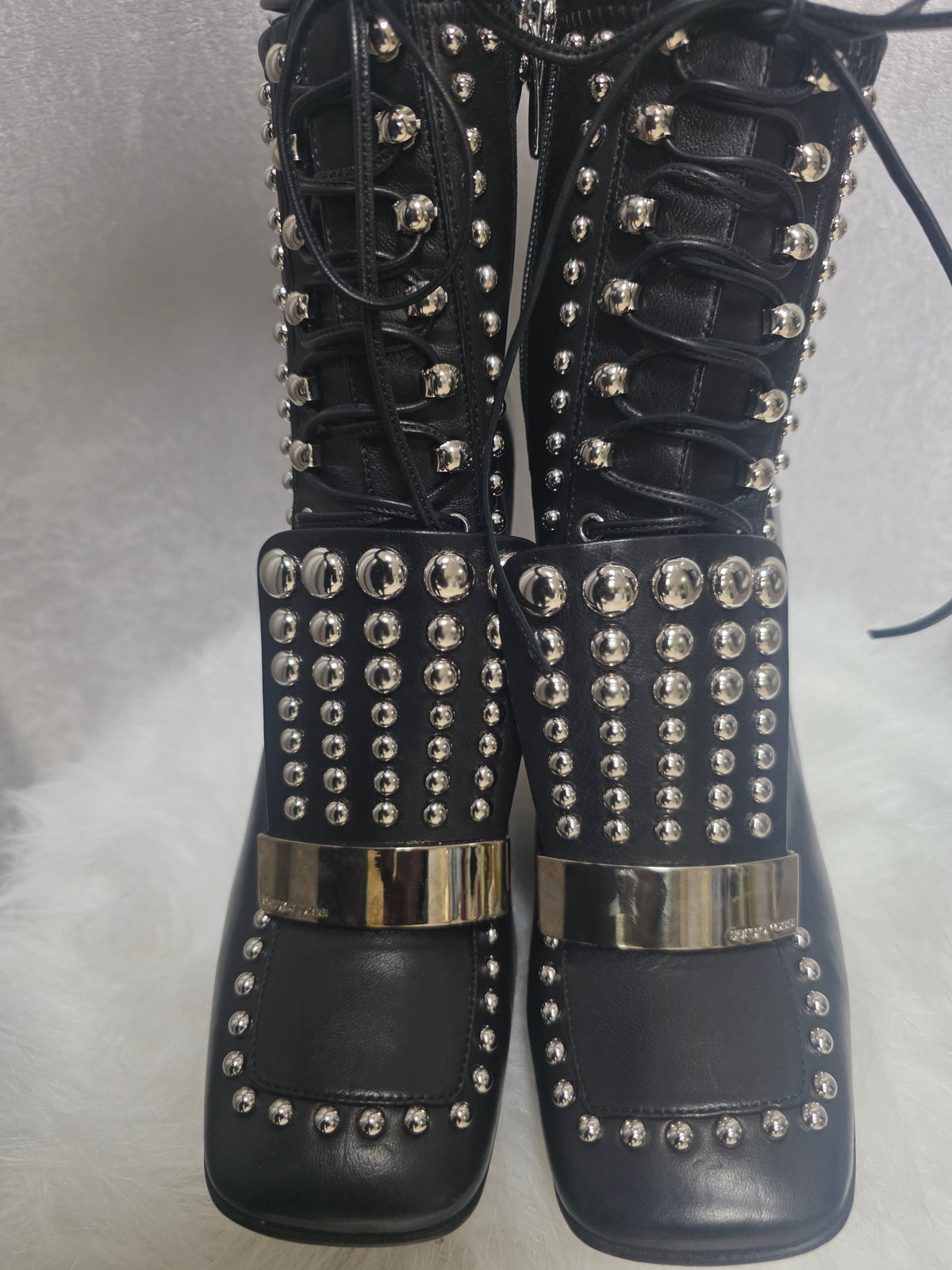 Black Leather Studded Lace-Up Ankle Boots – New - Size 38.5
