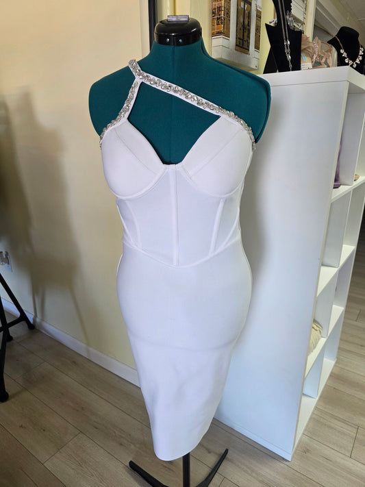 Bebe Corset Bandage Dress w/ Embellished Crystal – White