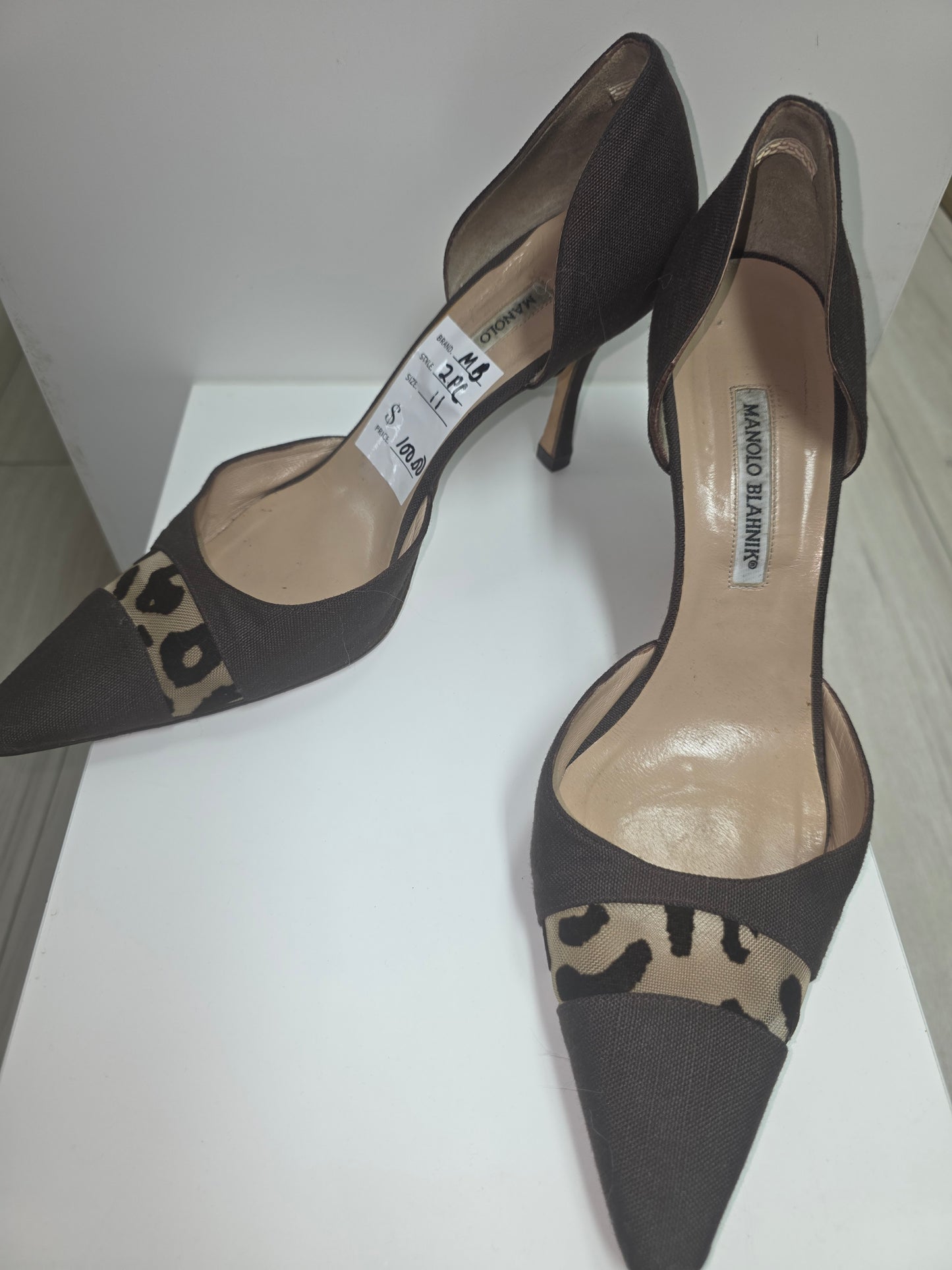 Manolo Blahnik Brown Suede D’Orsay Pumps w/ Leopard Mesh — Size 42 / 11