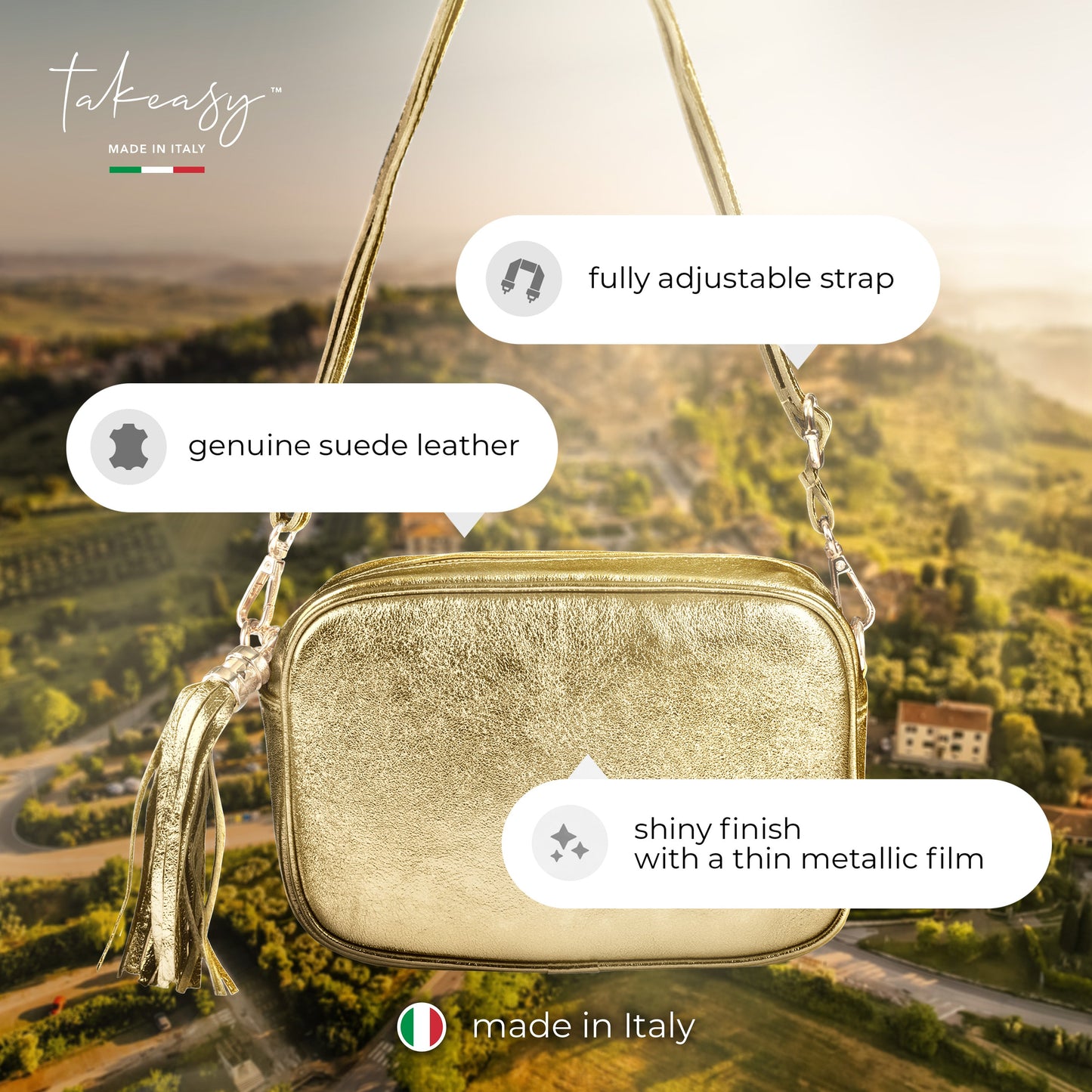 Italian Genuine Metallic Suede Crossbody Bag | Gubbio