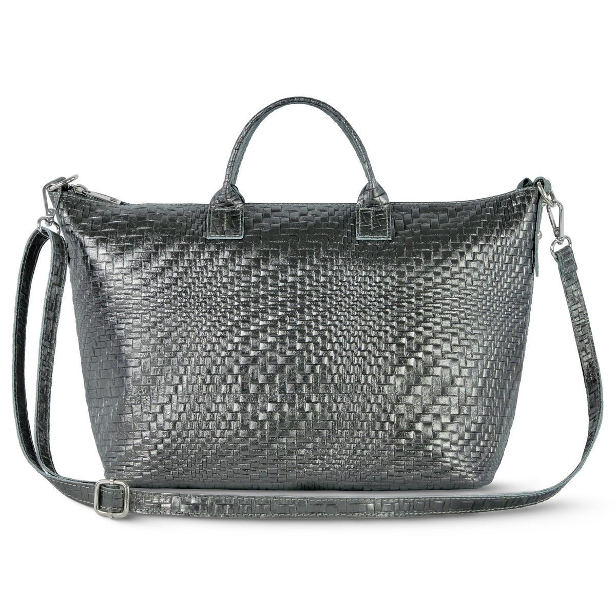 Italian Genuine Basketweave-Embossed Metallic Suede Top-Handle Bag | Treviso